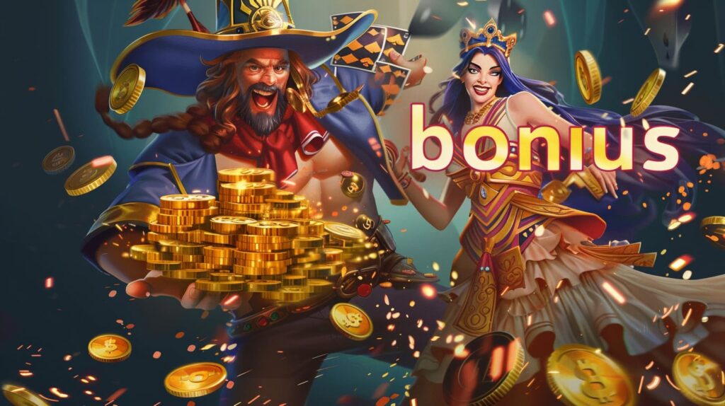 Illustration of stylized characters with a pile of gold coins and the word "bonus".