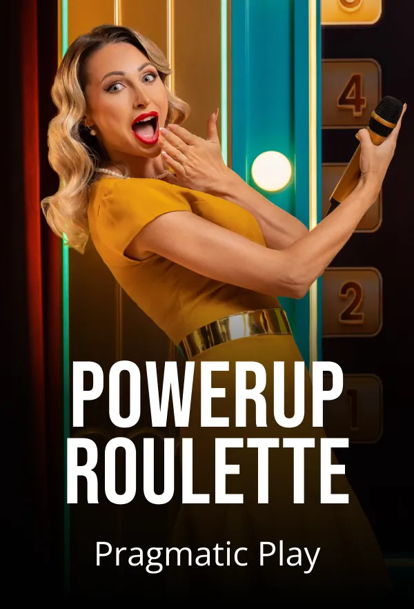 Woman in yellow dress holding a microphone, with "POWERUP ROULETTE Pragmatic Play" text overlay.