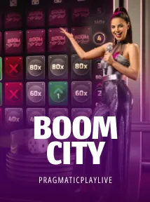 Person in purple dress holding a microphone, with text "BOOM CITY" and "PRAGMATICPLAYLIVE" on a game show background.