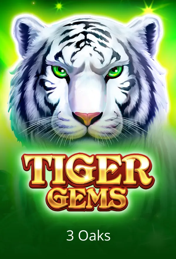 White tiger face with green eyes above "TIGER GEMS" text, glowing green background, "3 Oaks" at bottom.