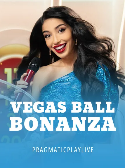 Person in a blue sequined dress holding a microphone with "VEGAS BALL BONANZA" text overlay.