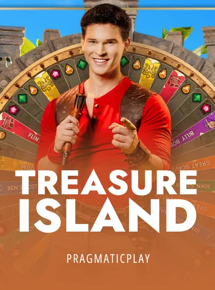 A person holding a compass with "TREASURE ISLAND" text and a wheel of fortune in the background.