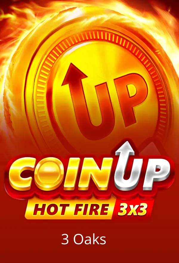 A fiery promotional graphic for "COIN UP" with an arrow-up icon, featuring the text "HOT FIRE 3x3" and "3 Oaks."