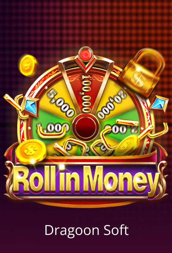 A colorful wheel of fortune graphic with "Rollin Money" title for a casino game by Dragoon Soft.