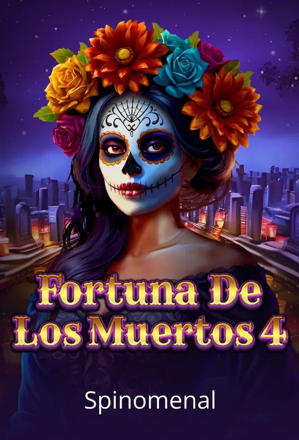 Colorful flower crown on a person, "Fortuna De Los Muertos" title, and a cityscape at night in the background.