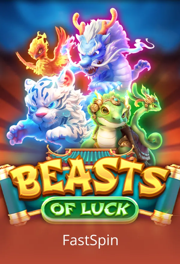 Colorful game ad for "Beasts of Luck" featuring stylized mythical animals and the logo "FastSpin".