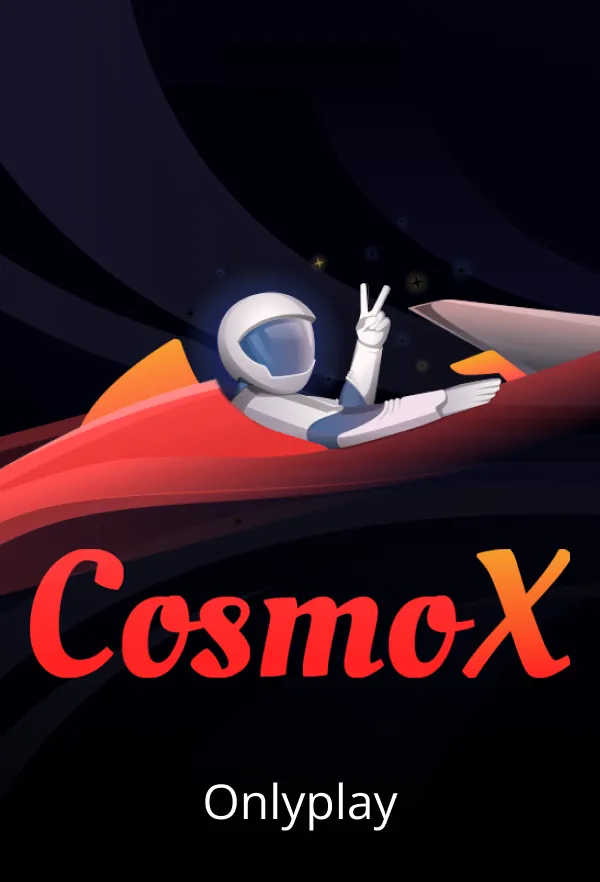 Astronaut giving a peace sign while lounging on a red spacecraft with "CosmoX" text and "Onlyplay" logo.