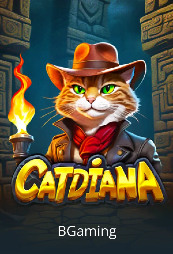 Illustration of an anthropomorphic cat adventurer with a torch, wearing a fedora and jacket, titled "Catdiana" by BGaming.