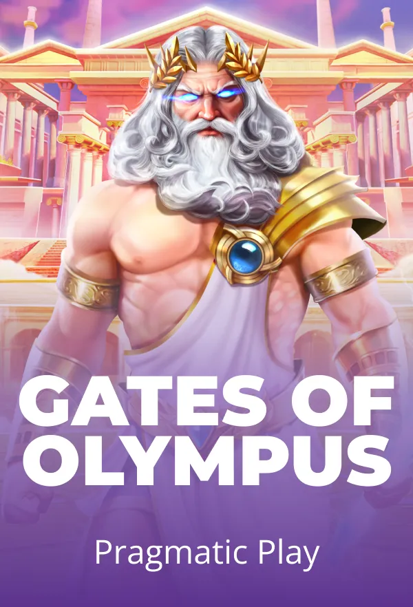 Illustration of a muscular figure in golden armor with lightning bolts, titled "GATES OF OLYMPUS" by Pragmatic Play.