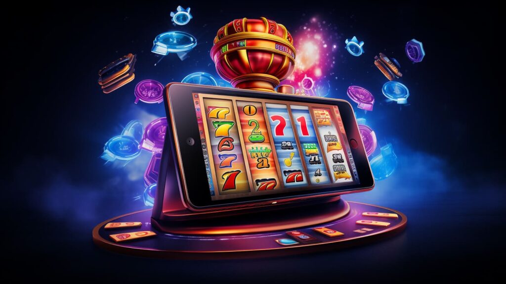 A vibrant slot machine tablet with colorful icons floating against a dark, starry background.