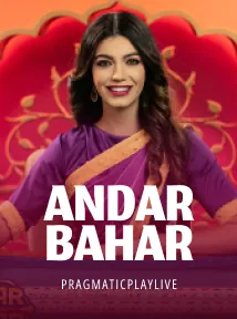 Person in purple sari in front of 'Andar Bahar' game advertisement by Pragmatic Play Live.