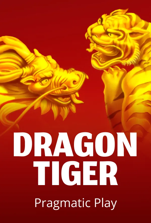 Gold dragon and tiger facing each other on a red background with text "DRAGON TIGER Pragmatic Play."