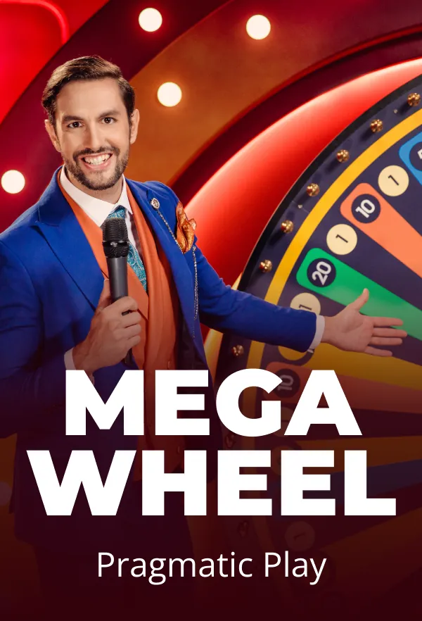 Host presenting the "Mega Wheel" game by Pragmatic Play.